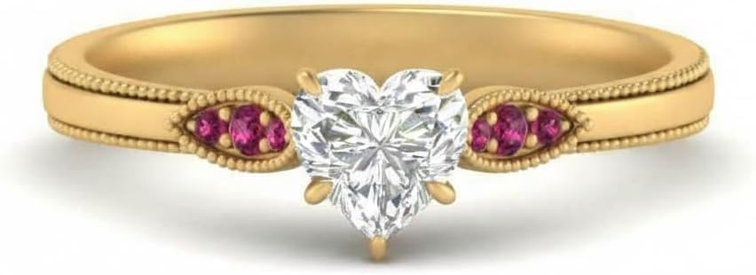 Choose Your Gemstone Milgrain Simple Diamond CZ Ring Yellow Gold Plated Heart Shape Milgrain Engagement Rings Matching Jewelry Wedding Jewelry Easy to Wear Gifts US Size 4 to 12