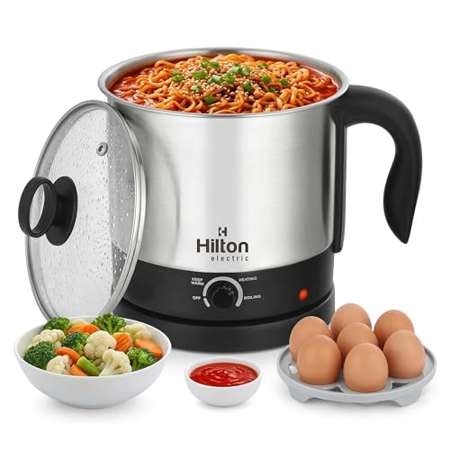 Image of Hilton 600W Multipurpose Electric Kettle with Steamer, Stainless Steel Body, Cool Touch Handle, Auto Shut-Off for Boiling Eggs, Water, Milk, Noodles & Soup, 1.5Ltr, Black & Silver