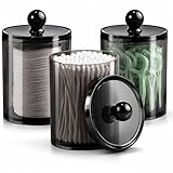 ALINK Kosmetik Organizer 3er Set mit Deckel, Schwarze Wattestäbchen Halter für Badezimmer, Apothekergläser Aufbewahrung für Wattepads, Wattebäusche, Zahnseide, Make-up-Schwämme & Haarspangen