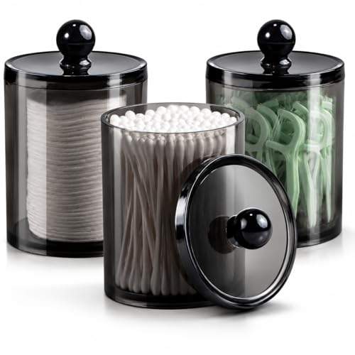 ALINK Kosmetik Organizer 3er Set mit Deckel, Schwarze Wattestäbchen Halter für Badezimmer, Apothekergläser Aufbewahrung für Wattepads, Wattebäusche, Zahnseide, Make-up-Schwämme & Haarspangen