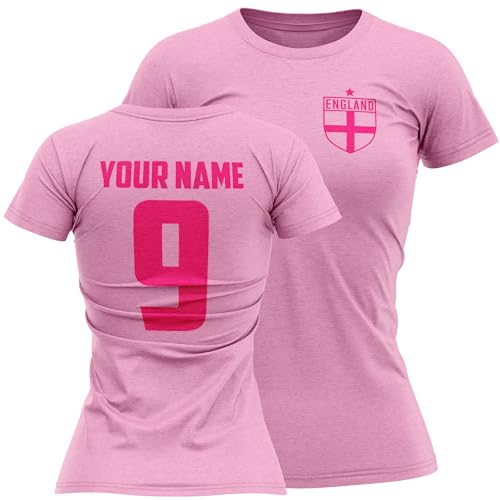 Image of Purple Print House Personalised Womens England T Shirt Custom Name and Number Football Badge Supporter Top, M, Light Pink