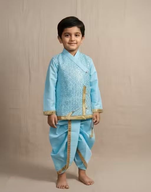 Image of Boys Ethnic wear Cotton Sequined Punjabi set | Stylish and Perfect Indian Outfit for kids-Yellow|Boys ethnic set