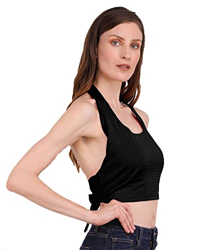 Image of THE BLAZZE 1381 Women's Basic Sexy Solid Backless Halter Neck Slim Fit Sleeveless Crop Top for Women