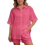 Generisch Damen Set Zweiteiliges Hemd Shorts Einfarbig Locker Knopfleiste Freizeit Outfit Strand Urlaub Atmungsaktiv Bequem Freizeitanzug Für Alltag Strand Urlaub Büro Casual (Red, L)