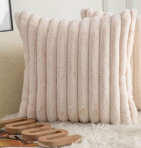 Image of MONKDECOR Single Sided Stiped Faux Fur Plush Throw Pillow Covers, Luxury Decorative Pillows Square Shaggy Cushion Covers for Couch Sofa Bed (Cream (1 Piece), 16x16 Inches)