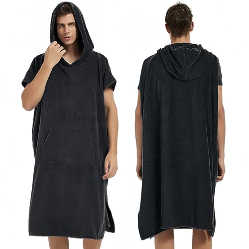 Proumhang Accappatoio Poncho con Cappuccio Unisex - Microfibra Ultra Assorbente e Asciugatura Rapida per Surf, Nuoto, Spiaggia, Leggero e Funzionale.Ideale Uomo e Donna Nero 80x110cm