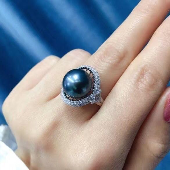 925 Sterling Silver Cut AA Quality Freshwater Pearl Ring 18k Diamond Ring Black Pearl Lady Ring Wedding Ring - Image 5