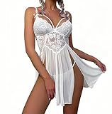 ROSVAJFY Dessous Nachthemd Damen Sexy Mesh Babydoll Dessous V-Ausschnitt Sexy Nachthemd Damen Kurz mit Tanga Spitze Mesh Kleid Dessous mit Verstellbare Schultergurte 4 Farben (Weiß, Einheitsgröße)
