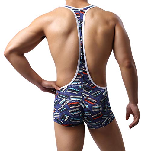 Mens Mesh Breathable Leotard Singlet Underwear See Through One-Piece Jumpsuit Suspender Jockstrap (Medium, Printed Leotard)