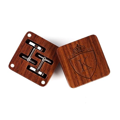 Image of Mens Initial Silver Cufflinks A-Z Alphabet Letter Steel Cuff Links with Engraved Walnut Wood Box Groom Groomsman Wedding Set