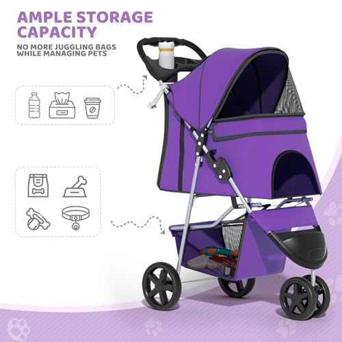 Image of Magshion 3-Wheel Pet Stroller, Foldable Travel Jogger for Small & Medium Dogs & Cats (Up to 33lbs), Lightweight Carrier with Breathable Mesh Cover, Cup Holder & Storage Basket, Purple
