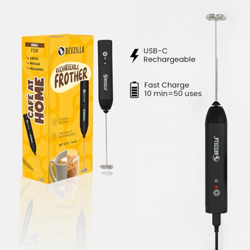 Image of Bevzilla Rechargeable Electric Coffee Frother | 3-Speed with Type-C Fast Charging | One-Touch Operation for Coffee, Matcha & Milkshakes
