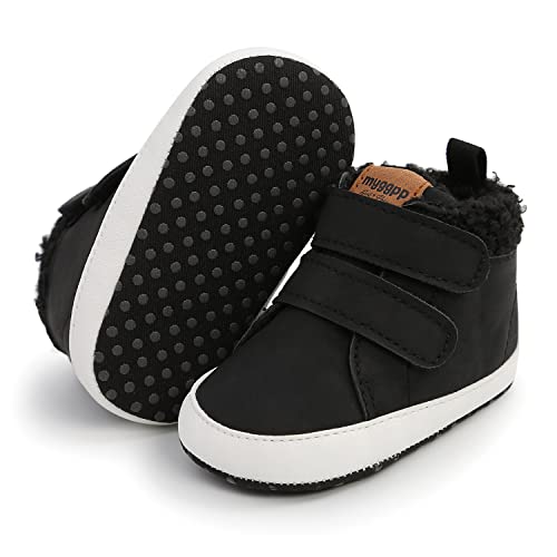 SOFMUO Baby Boys Girls High Top Ankle PU Leather Sneakers Soft Sole Infant Warm Booties Toddler Fuzzy Winter Shoes(Fuzzy/Black)