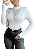 GORGLITTER Body para mujer, elegante, con parte superior de malla, camiseta de manga larga, informal, camiseta, bodys de moda, Blanco, XL