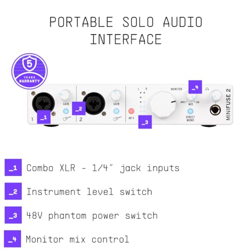Image of Arturia - MiniFuse 2 - Compact USB Audio & MIDI Interface with Creative Software for Recording, Production, Podcasting, Guitar - White | 2 Combo Xlr and Trs Preamps with 48V, 5-Pin Midi I and O, USB Hub, Loopback, Software Bundle