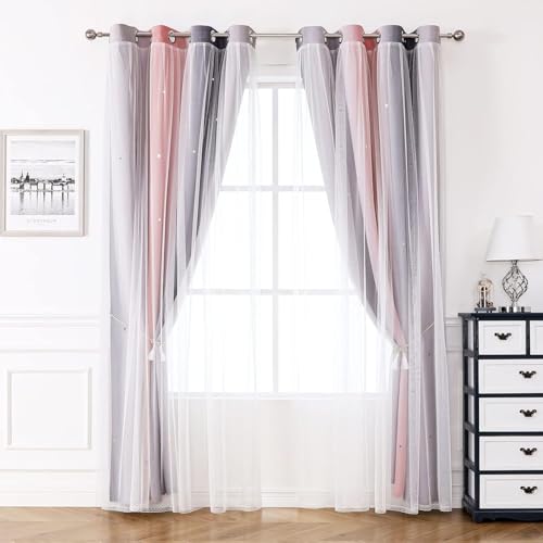 Blackout Curtains for Living Room Bedroom Eyelet Nursery Kids Girls - Voile Net for Windows, 2 Panel 52 x 84 Inch Drop, Soundproof Thermal Pink Grey - Image 3