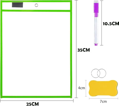 Dry Erase Taschen, 10 Stück Wiederverwendbare Trocken Abwischbare Taschen Abwischbare Durchsichtige Tasche mit 12 Löschbare Stifte, 6 Radiergummi und 8 Metallösen für Büro und Schulbedarf