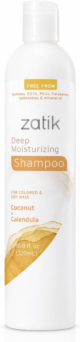 Zatik Naturals - Deep Moisturizing Shampoo with Coconut & Calendula - Vegan, Biodegradable, pH balanced, for Colored and Dry Hair, Free From Sulfates, phthalates & Synthetic Fragrances - 10.8 Fl Oz