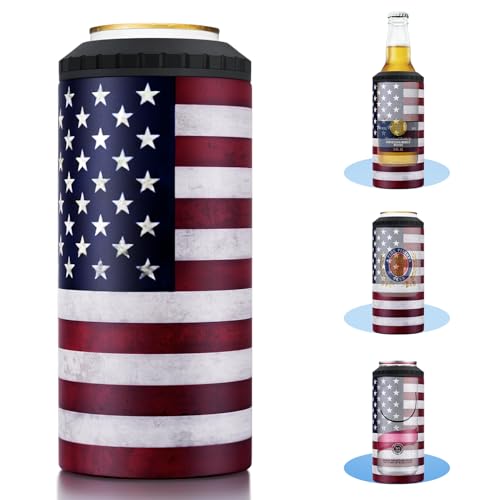 Image of 3 in 1 Slim Can Cooler for 12 OZ Skinny Can, Regular Can & Beer Bottle - Keep Cold for 6 Hours - Double Walled Insulated Stainless Steel Vacuum Beverage Insulator (US Flag)