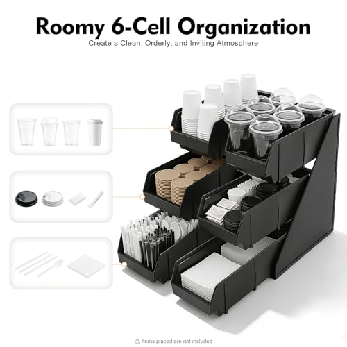 RoxYrabxy 6 Compartments Serve Condiment Bin, 3-Tier Self Serve Countertop Organizer for Straws Napkins Scoops, Plastic Condiment Holder for Coffee Bar, Restaurant, Kitchen, Beverage Stations