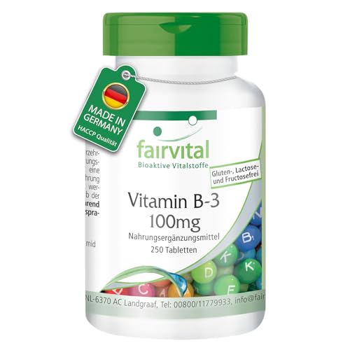 Fairvital | Vitamina B3 100mg - Niacina Flush Free - No ruborizante - Nicotinamida - VEGANA - Dosis elevada - 250 Comprimidos - Calidad Alemana