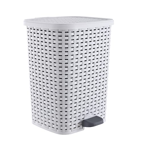 Image of Superio Small Outdoor Trash Can with Lid for Dog Poop 6.8 Gallon /26 L Step On Plastic Garbage Can with Foot Pedal for Bathroom, Bedroom, Office, Patio, Wicker Smoke