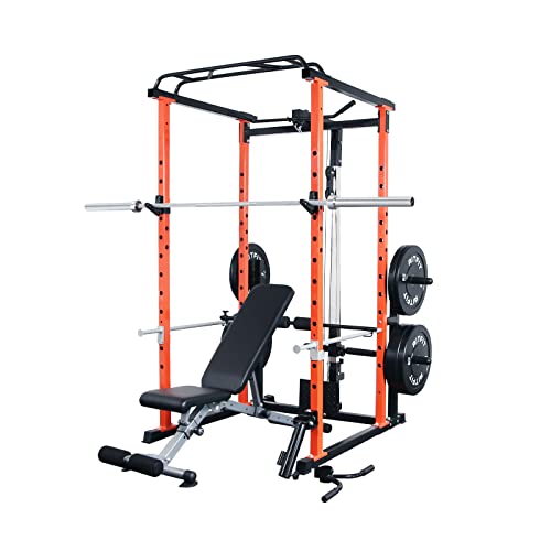RitFit Garage & Home Gym Package Includes Optional 1000LBS Power Cage with LAT Pull Down,Weight Bench, Barbell Set with Olympic Barbell (Package 1.6K (Bumper Plates 240LBS))