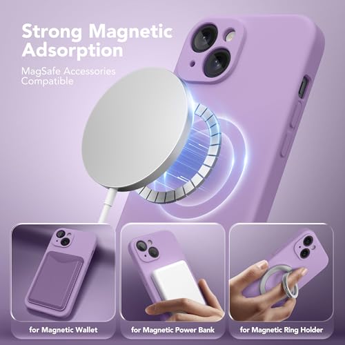 Image of Magnetic for iPhone 15 Case, Compatible with MagSafe, [Screen Protector + Full Camera Protection], Silicone Shockproof Anti-Scratch Protective Phone Case for iPhone 15 6.1 inch, Light Purple