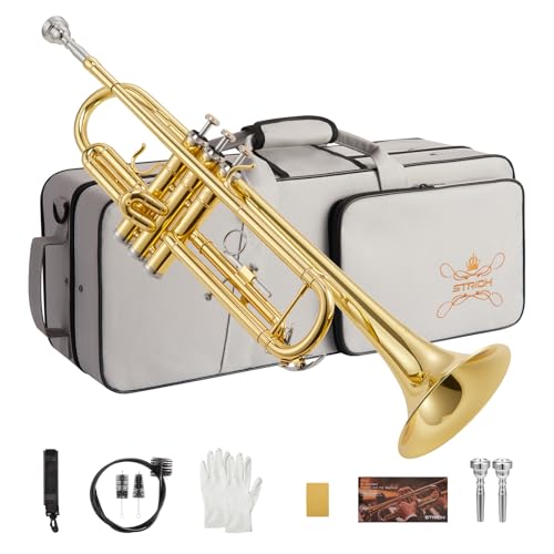 STRICH Bb Standard Trumpet Set for Beginners, Brass Student Trumpet Instrument with Hard Case, Cleaning Kit, 7C & 3C Mouthpieces, Gloves - STR-1G, Gold