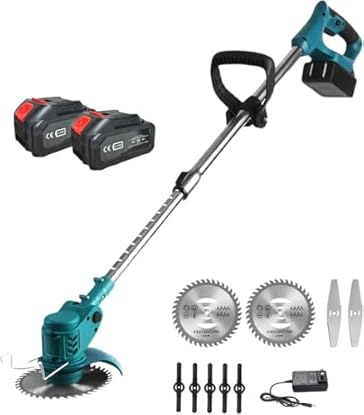 Foto di Decespugliatore Elettrico con Doppia Batteria, Tagliabordi Ricaricabile Altezza e Angolazione Regolabili, 3 Tipi di Lame per Giardini, Prati e Terreni