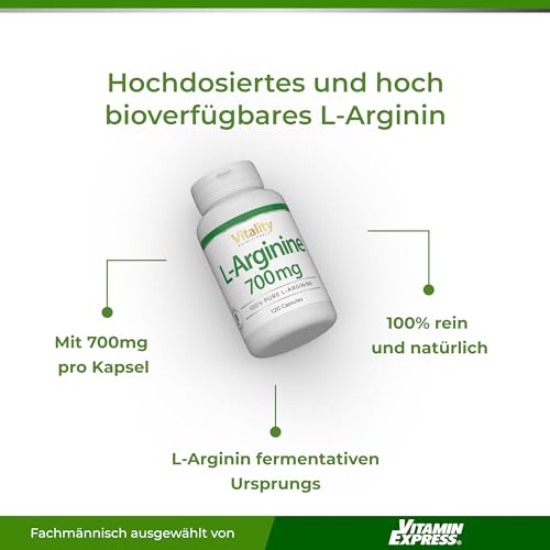 L-Arginin Hochdosiert 700 mg. Essenzielle Aminosäure 100% natürlich aus Fermentation (120 Kapseln) Hohe Bioverfügbarkeit & Bioaktivität. Premium L-Arginine Vitality Nutritionals by VitaminExpress