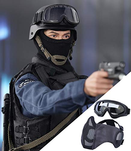 Yzpacc Airsoft Mask with Goggles, Foldable Half Face Airsoft Mesh Mask with Ear Protection for Paintball Shooting Cosplay CS Game