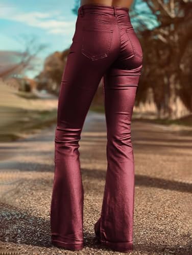 Flamingals Bootcut PU Leather High Waist Flare Legs Vintage Pocket Pants Winter Trendy3