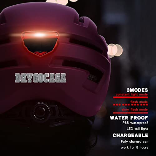 DAYGOCAGA Adult Bike Helmet for Men Women, Mountain Road Bicycle Helmet with USB Rechargeable Taillight, Matte Purple