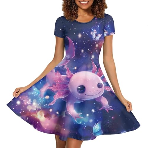 Image of HUGS IDEA Womens Puffy Swing Midi Dress Round Neck Short Sleeve Party A-Line Dresses