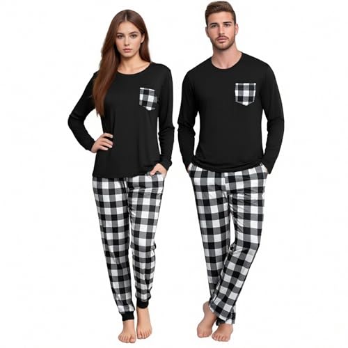 Gdqzzeaiix Pijama Mujer Largo,Conjunto de Informal a Cuadros de Manga Larga y pantalón Largo para Parejas