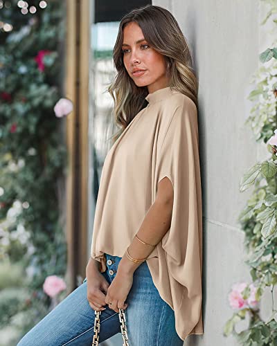 Btfbm Women Mock Neck Batwing Short Sleeve Summer Tops 2023 Spring Loose High Low Hem Casual Oversize Blouses Shirts Top(Solid Beige, Large) #TOP1