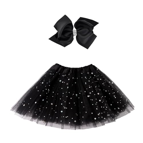 Jastore Girls Layered Stars Sequins Tutu Skirt Princess Ballet Dance Dress (Black)