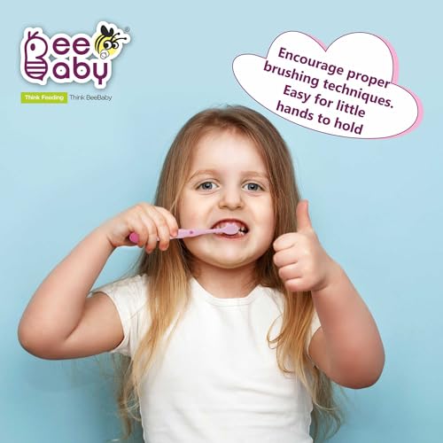 Image of BeeBaby Brush Buddy Toothbrush for Kids 3-6 Years, Long Handle for Easy Grip, 10 x Softer Tapered Bristles Ideal for Milk and Permanent Teeth, 100% BPA Free. Yellow & Pink. Pack of 2