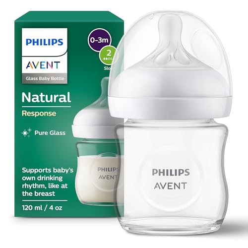 Philips Avent Natural Response Glass Baby Bottle 4oz/120 ml with Slow Flow Teat (Flow 2) SCY930/01