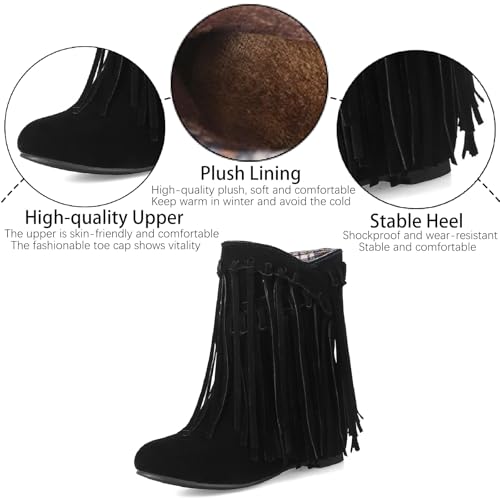 Women's Suede Tassel Fringe Flat Ankle Boots Sexy Pointed Toe Warm Fur Lining Pull-on Low Heel Internal Height Increase Moccasin Booties Fall Winter Outdoor Dress Mid Calf Boots3