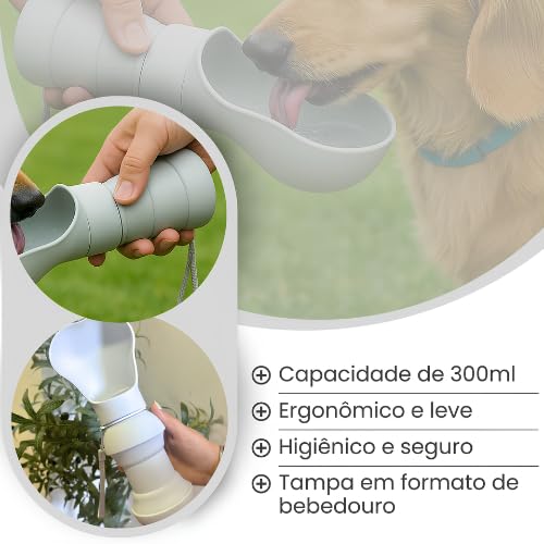 Bebedouro Pet Garrafa de Água Portátil para Pets, Gato, Cachorro, 300ml, Silicone Compactável, Atóxi