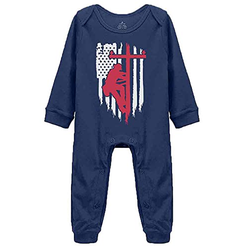 Lineman Thin Red Line US Flag Baby Footie Romper Long Sleeve Bodysuit Jumpsuit Outfits