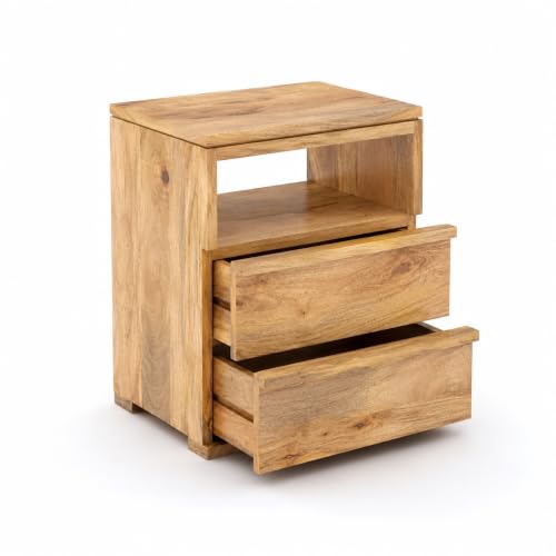 Image of Premium Solid Wood Bedside Table with 2 Drawer & 1 Open Shelf | Modern Wooden Nightstand for Bedroom | Bedside Storage Table for Home & Hotel (Natural Finish)