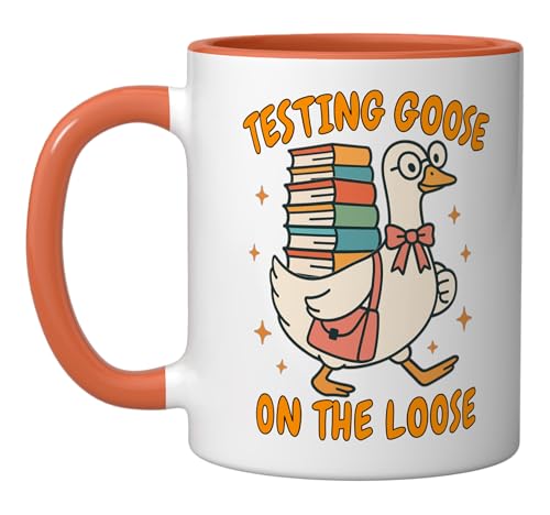 Test Day Teacher Squad Motivation Testing Goose On The Loose Ceramic Mug, Orange/White