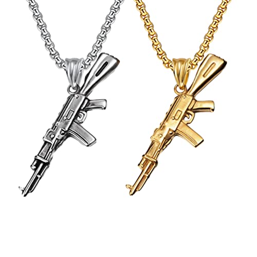 Liitata 2 pièces Collier avec pendentif fusil d'armée, pistolet, arme, mitrailleuse - Collier rock gothique punk hip-hop pour hommes - Or argenté style 2