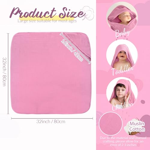 Image of Preboun 6 Pcs Muslin Hooded Baby Towels and Washcloths 32 inchx 32 inch Cotton Newborn Bath Towel Anti-Shrink Infant Baby Blankets with Hood 12 inchx 12 inch Washcloths for Girl Boy Toddler(Rose Red,Pink)