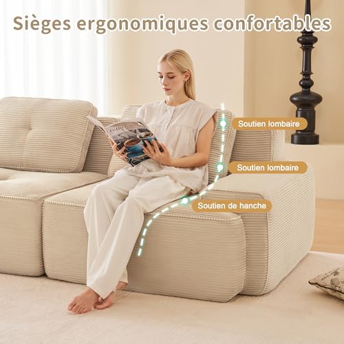 Yihomfy Canapé-lit Modulaire Désossé, Velours Côtelé Canapé 2 Places avec 2 Tabouret, Configuration Libre, sans Montage Canapé de Salon et Home Cinéma (Beige, 2 Sièges + 2 Tabouret) – vue 5