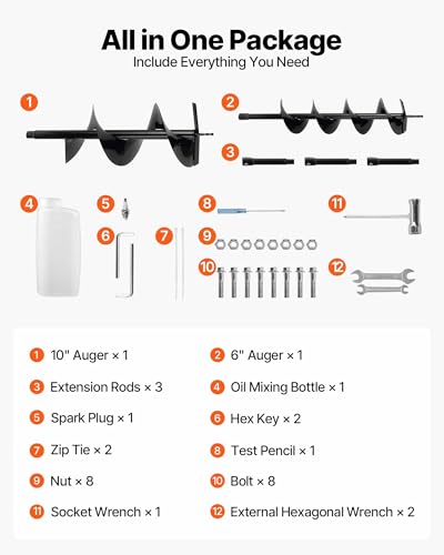 Image of VEVOR Gas Powered Post Hole Digger, 52cc Post Hole Auger with 6 inch & 10 inch Bits, 3 Extension Rods, 1450W Heavy-Duty Earth Auger for Fence Posts, Deck /Pergola Posts, Plant /Tree Planting, EPA Listed