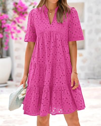 Image of BTFBM Womens Boho Summer Dresses 2026 Spring V Neck Short Sleeve Hollow Out Lace Ruffle Casual Beach Mini Vacation Dress
